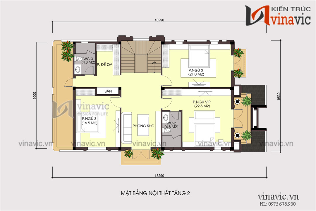 Mặt bằng nội thất tầng 2 của mẫu nhà đẹp 3 tầng mặt tiền 8m