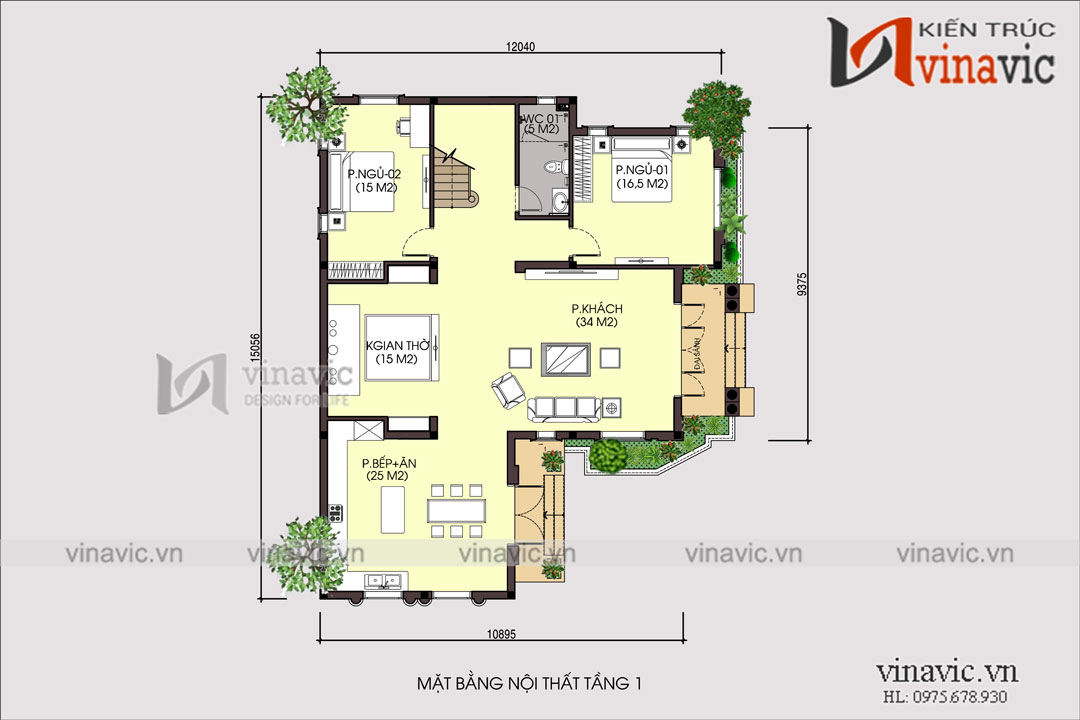 Mặt bằng tầng 1 của mẫu thiết kế biệt thự đẹp 2 tầng 140m2 mái thái