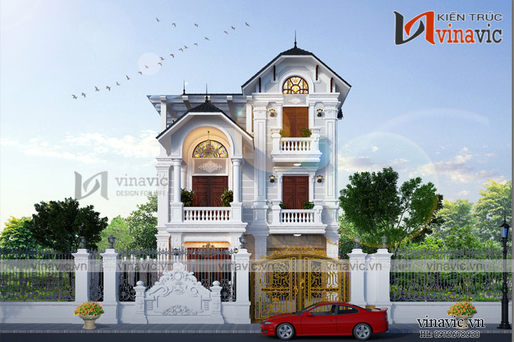 Phối cảnh góc nhìn chính của mẫu nhà đẹp 3 tầng mặt tiền 8m