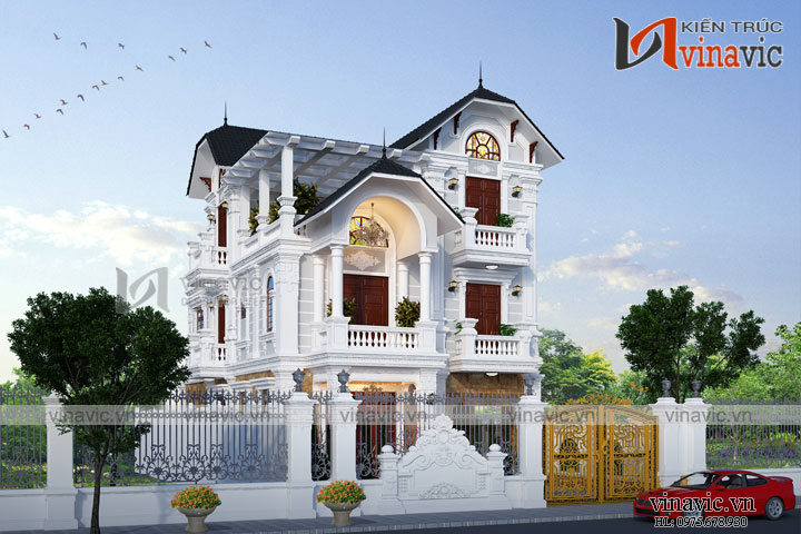 Phối cảnh góc nhìn phía bên trái của mẫu nhà đẹp 3 tầng mặt tiền 8m