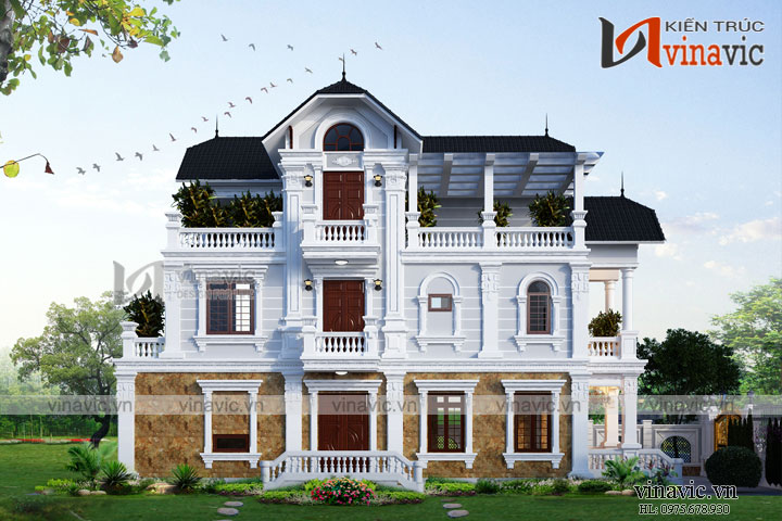 Phối cảnh góc nhìn chính diện góc bên trái của mẫu nhà đẹp 3 tầng mặt tiền 8m