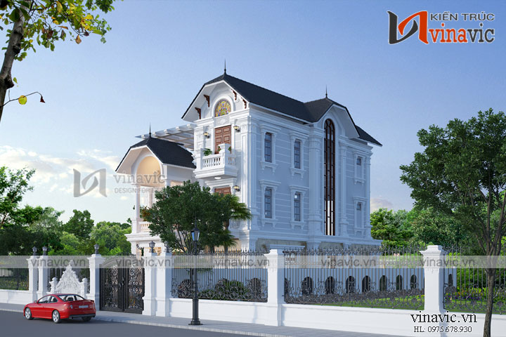 Phối cảnh góc nhìn góc bên phải của mẫu nhà đẹp 3 tầng mặt tiền 8m