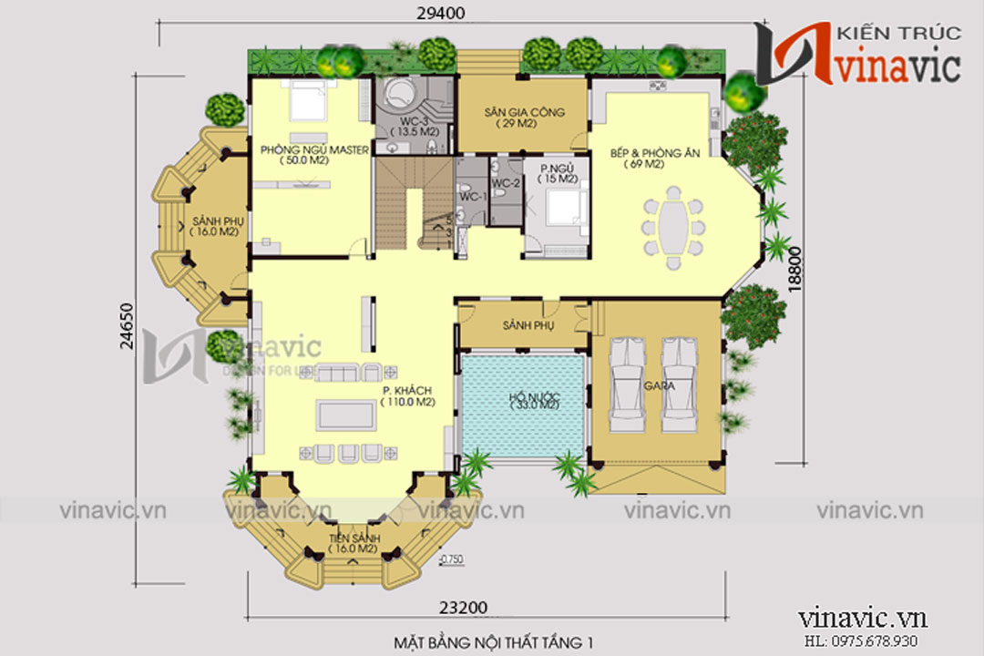 Mặt bằng tầng 1 mẫu nhà dinh thự 1 trệt 2 lầu