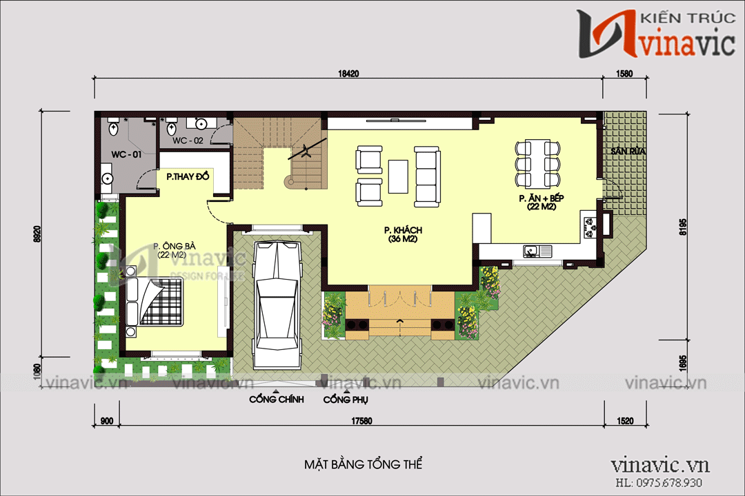 Mặt bằng tầng 1 Biệt thự góc 3 tầng mái thái