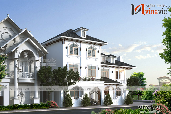 Phối cảnh góc nhìn nghiêng phía bên trái Biệt thự góc 3 tầng mái thái