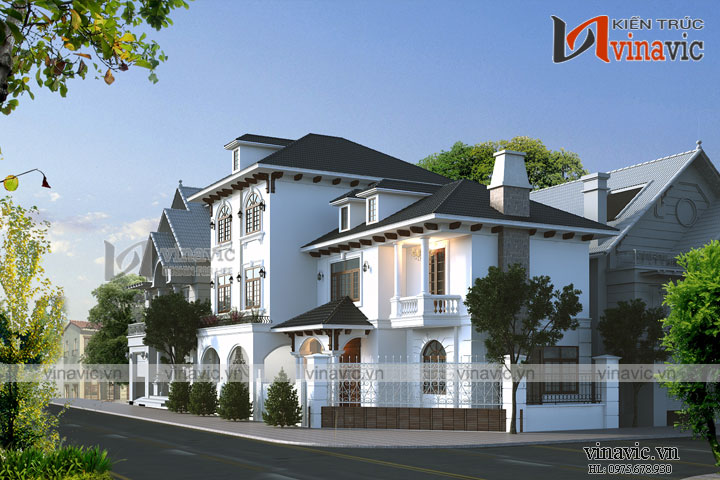 Phối cảnh góc nhìn nghiêng phía bên phải Biệt thự góc 3 tầng mái thái