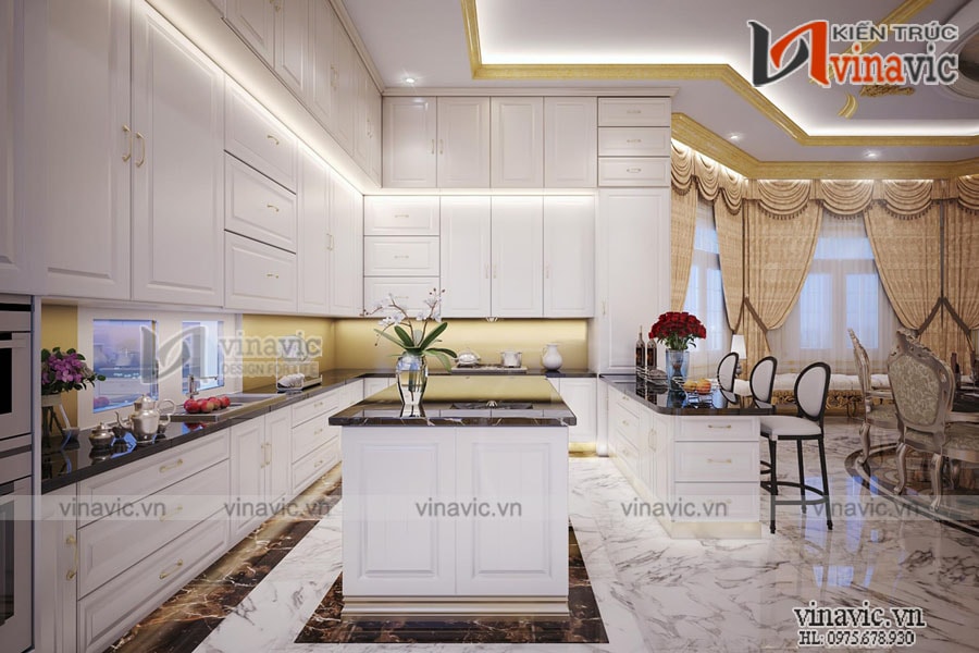 không gian bếp ăn mẫu nhà dinh thự 1 trệt 2 lầu