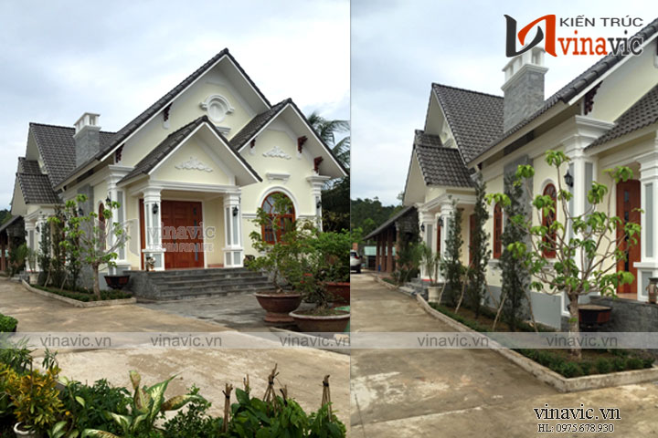 Toàn cảnh ngoại thất nhiều cây xanh mẫu nhà 1 tầng mái thái 3 phòng ngủ