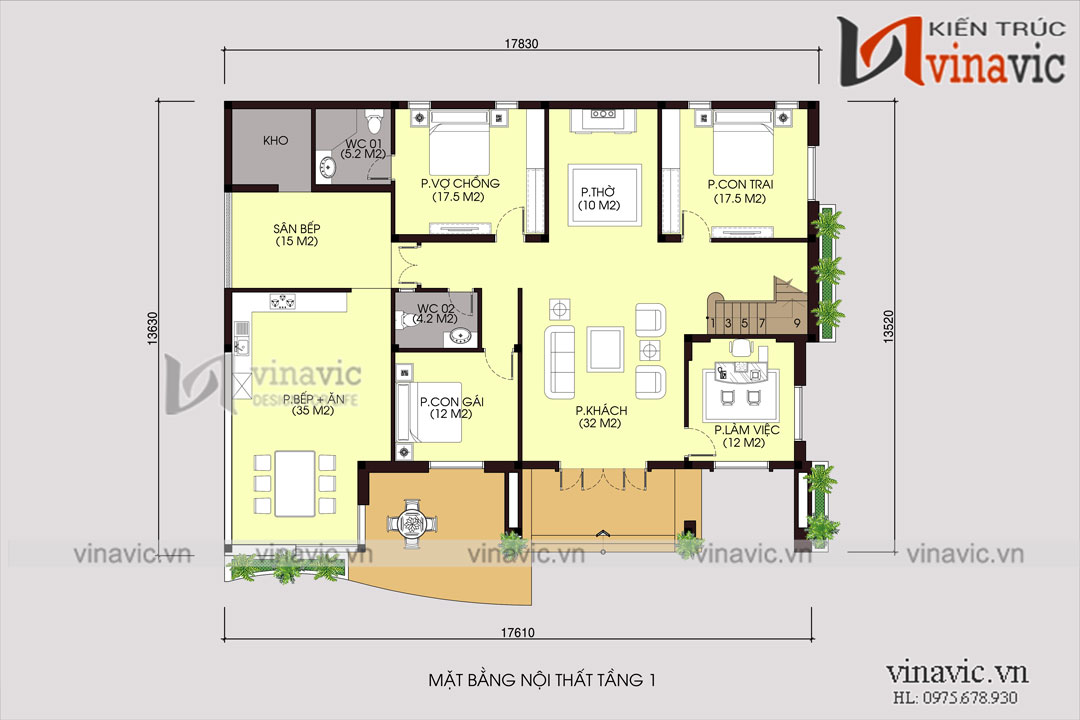 Mặt bằng tầng 1 Mẫu thiết kế biệt thự đẹp hiện đại gần gũi thiên nhiên BT1823