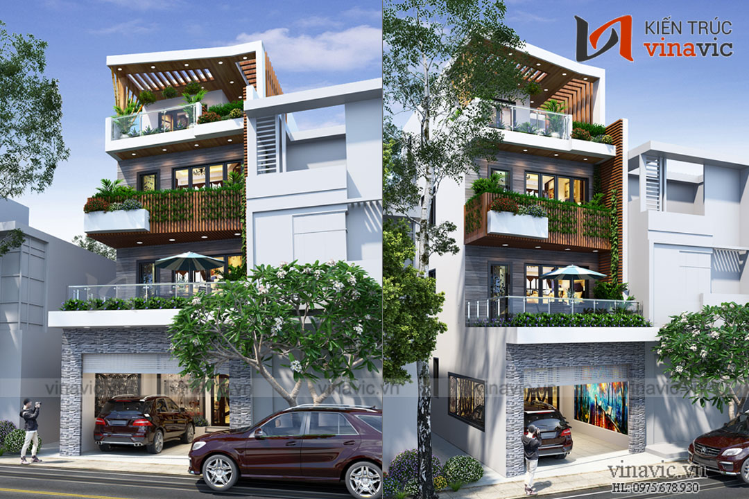 mẫu thiết kế nhà phố xanh mát 4 tầng hiện đại NO1819