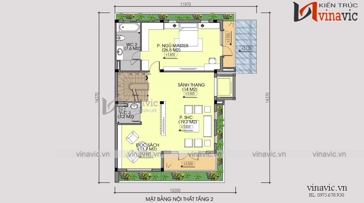 Mặt bằng tầng 2 mẫu thiết kế cải tạo biệt thự 3 tầng kiến trúc hiện đại