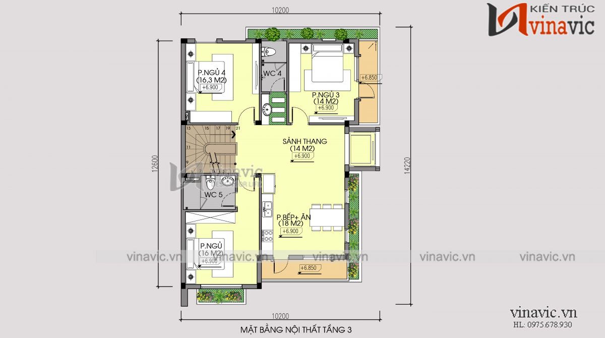 Mặt bằng tầng 3 mẫu thiết kế cải tạo biệt thự 3 tầng kiến trúc hiện đại