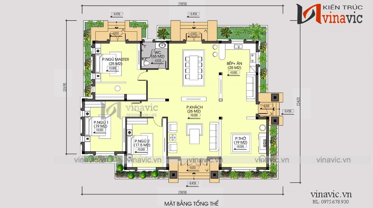 Mẫu mẫu biệt thự vườn 1 tầng 3 phòng ngủ