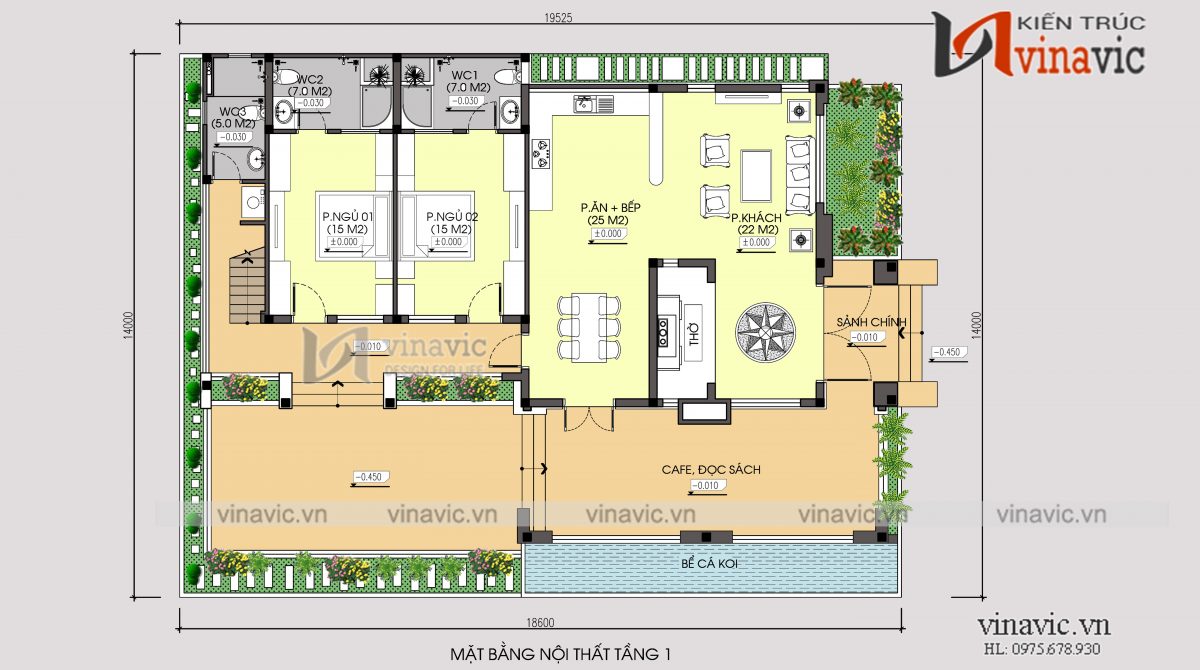Phương án mặt bằng Mẫu thiết kế nhà 1 tầng 1 tum mặt tiền 9m 4 phòng ngủ hiện đại BT1831