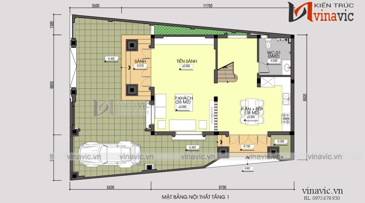 Mặt bằng tầng 1 mẫu thiết kế nhà phố 3 tầng mặt tiền 8m sâu 10m kiểu cổ điển