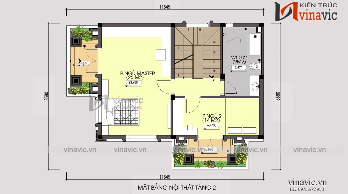 Mặt bằng tầng 2 mẫu thiết kế nhà phố 3 tầng mặt tiền 8m sâu 10m kiểu cổ điển