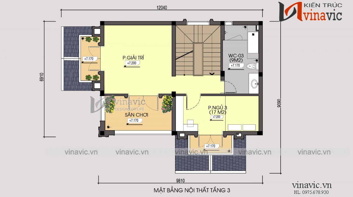 Mặt bằng tầng 3 mẫu thiết kế nhà phố 3 tầng mặt tiền 8m sâu 10m kiểu cổ điển