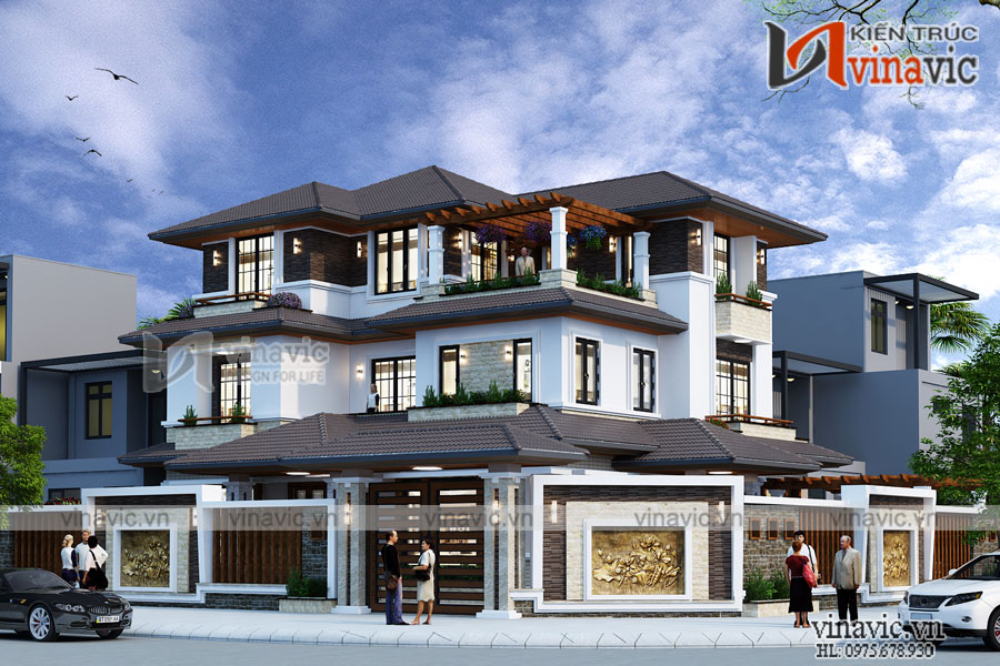 Phối cảnh chính Mẫu nhà biệt thự 3 tầng 2 mặt tiền hiện đại
