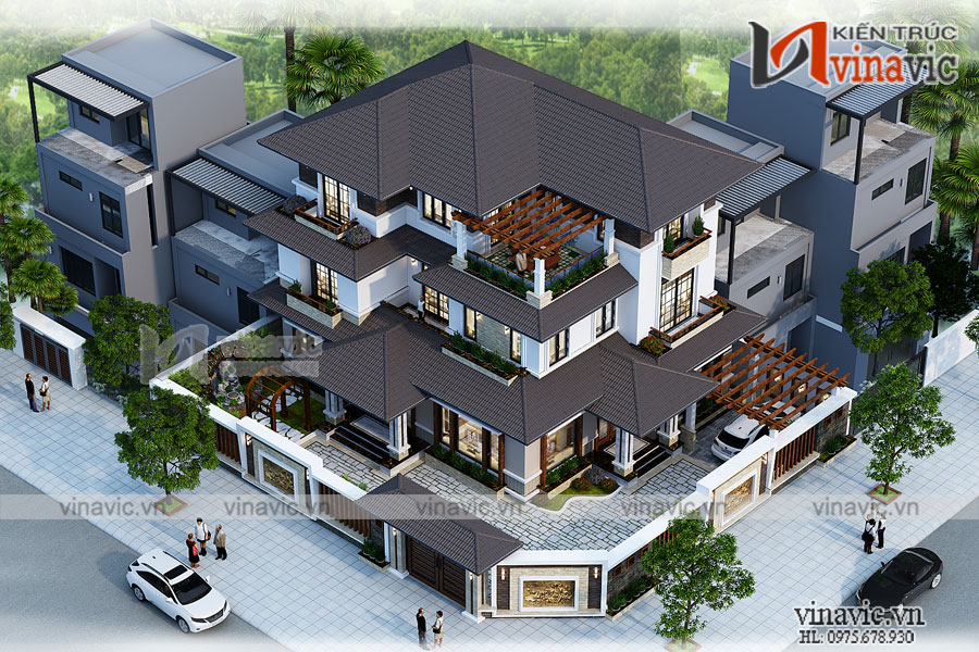 Phối cảnh góc nhìn tổng thể Mẫu nhà biệt thự 3 tầng 2 mặt tiền hiện đại