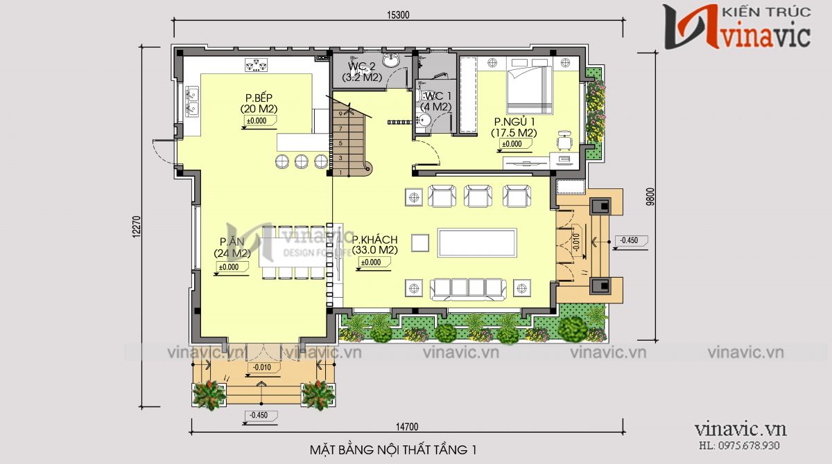 Mặt bằng tầng 1 mẫu thiết kế biệt thự 2 tầng 2 mặt tiền
