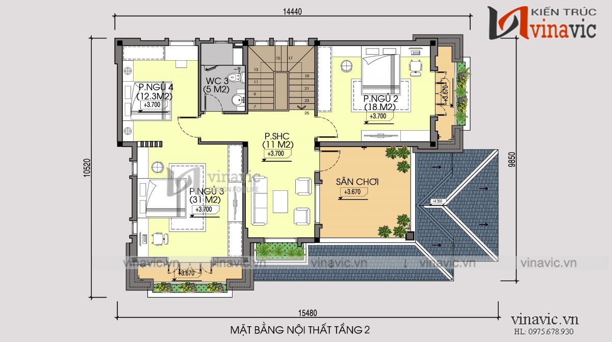 Mặt bằng tầng 2 mẫu thiết kế biệt thự 2 tầng 2 mặt tiền