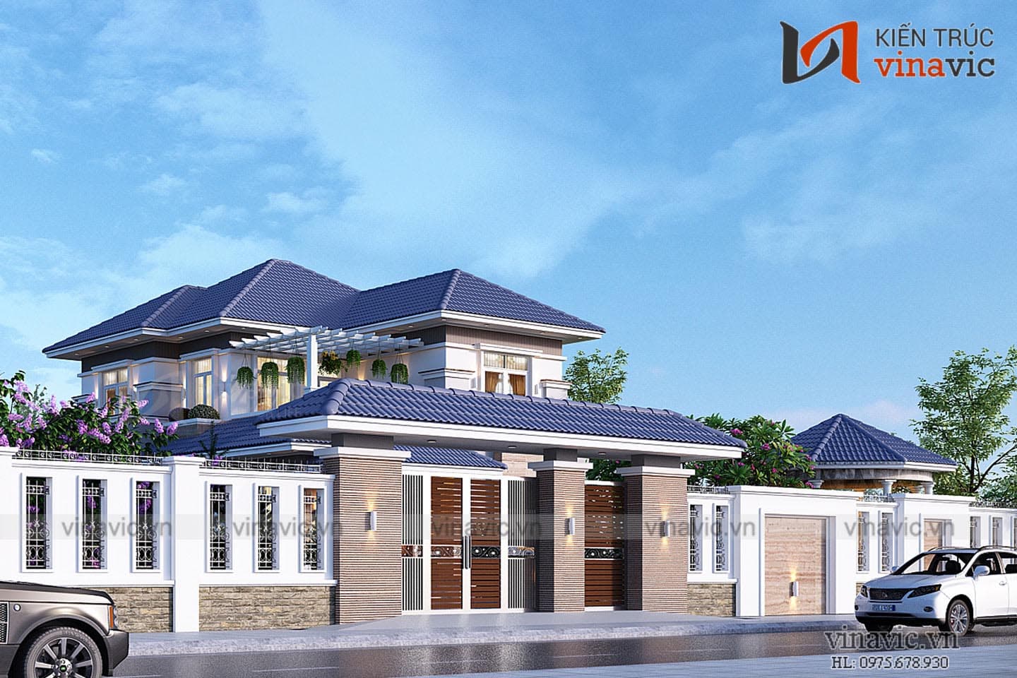 Phối cảnh từ ngoài mẫu thiết kế biệt thự 2 tầng 2 mặt tiền