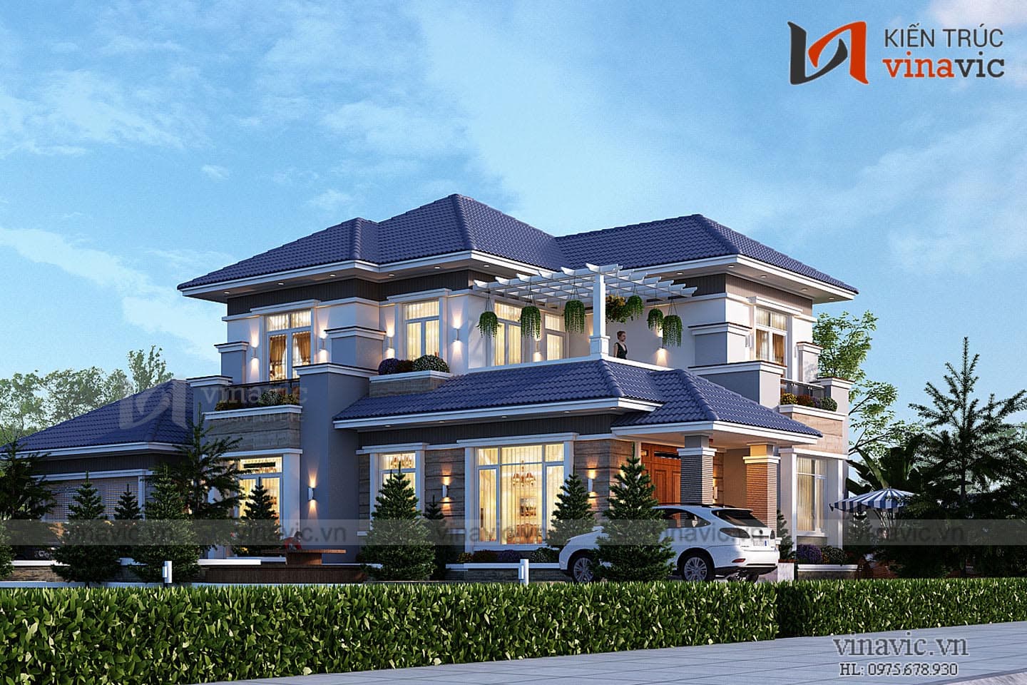 Phối cảnh mặt trái mẫu thiết kế biệt thự 2 tầng 2 mặt tiền