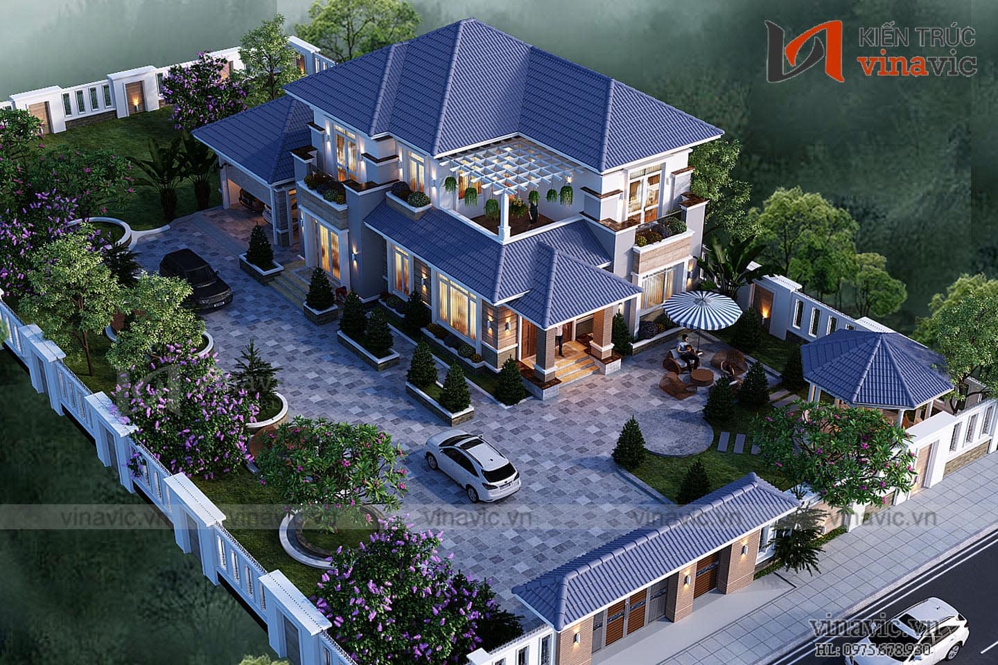 View tổng thể mẫu thiết kế biệt thự 2 tầng 2 mặt tiền 