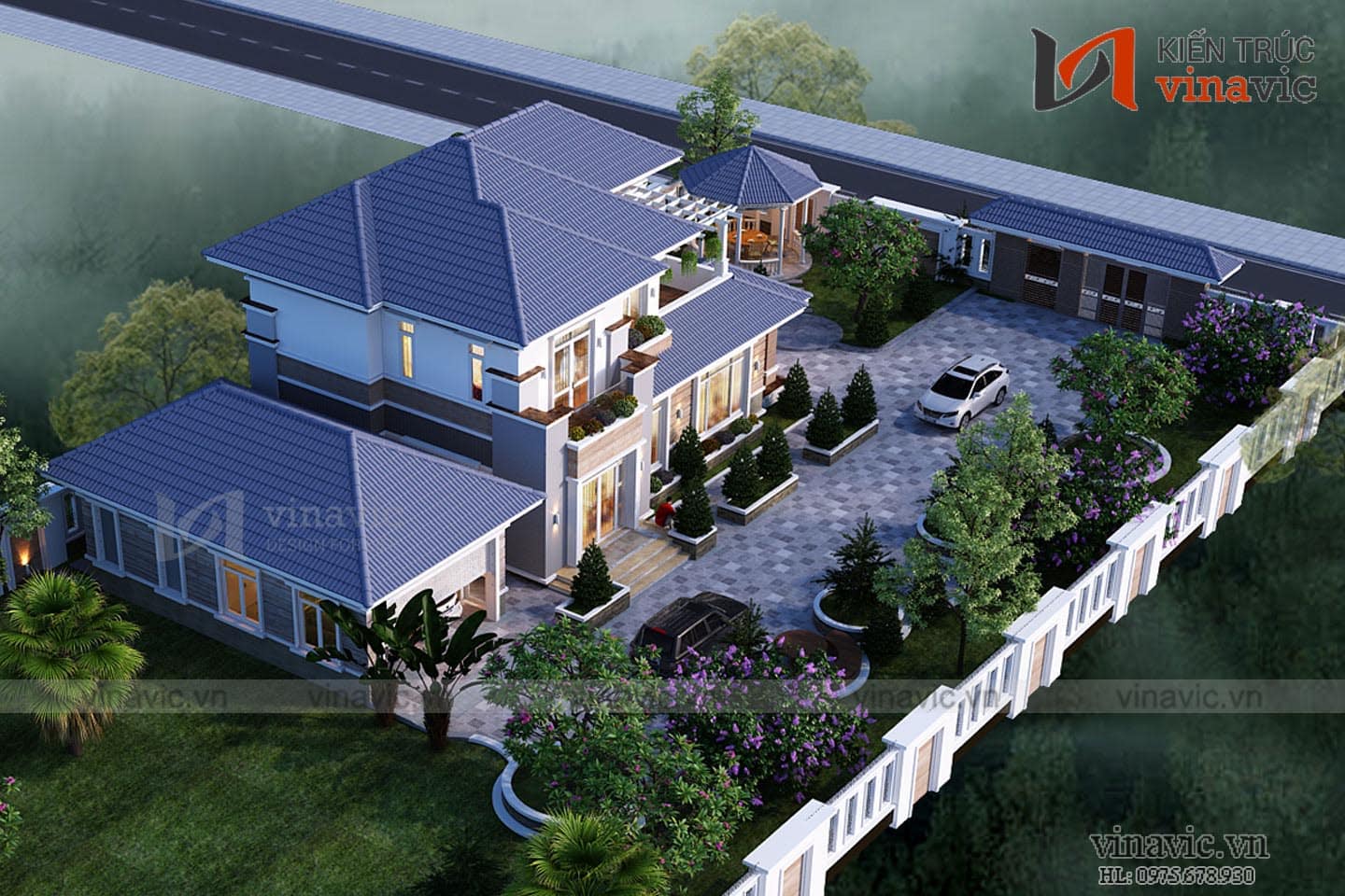 Phối cảnh mặt sau mẫu thiết kế biệt thự 2 tầng 2 mặt tiền