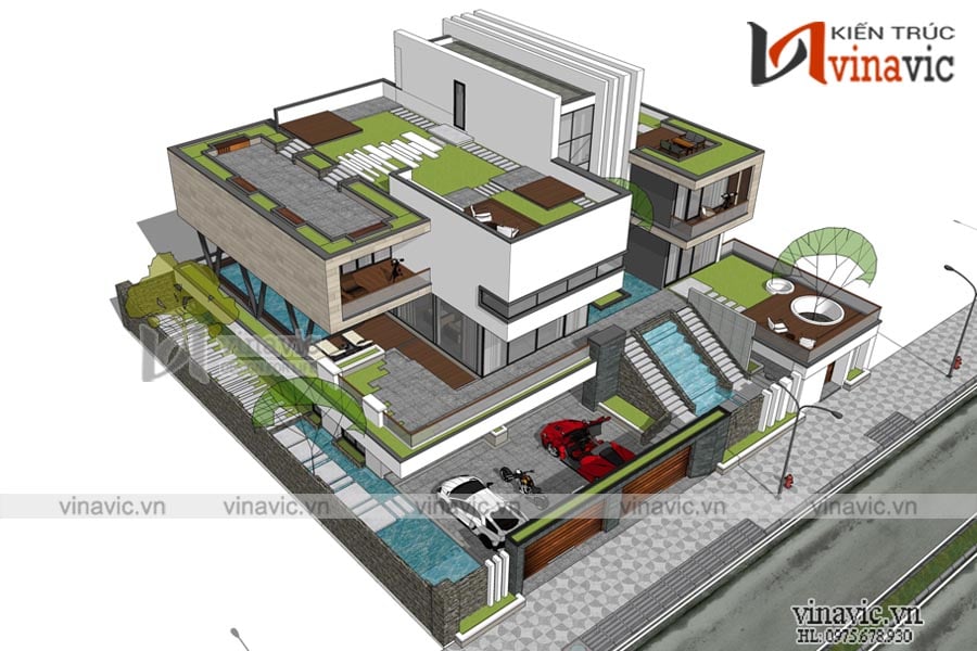 Phối cảnh mặt trái mẫu Biệt thự Singapore phong cách hiện đại