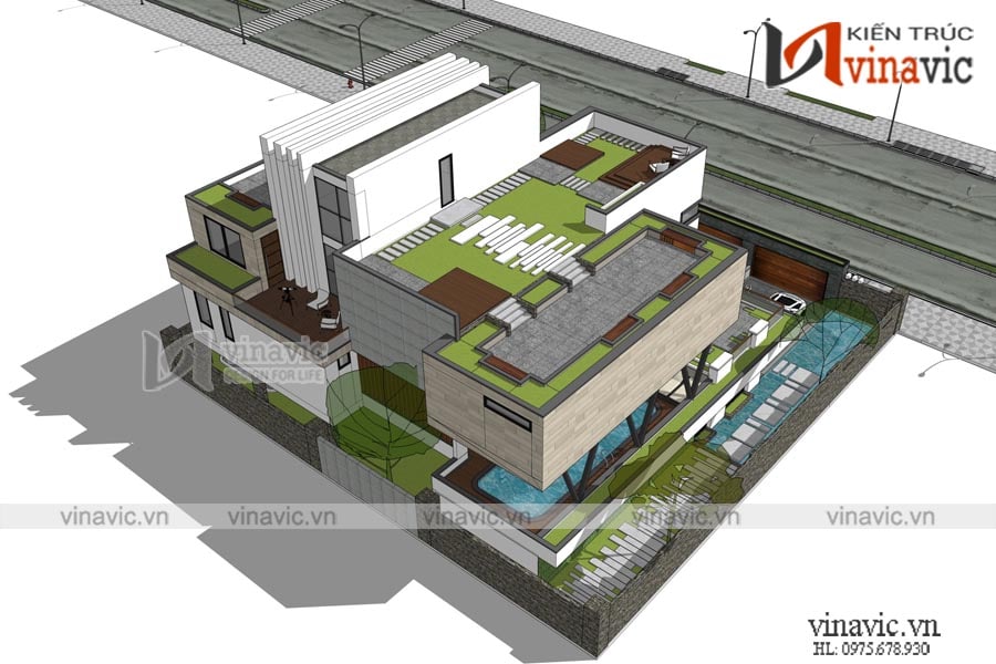 Phối cảnh góc nhìn từ trên xuống phía sau bên trái của mẫu Biệt thự Singapore phong cách hiện đại