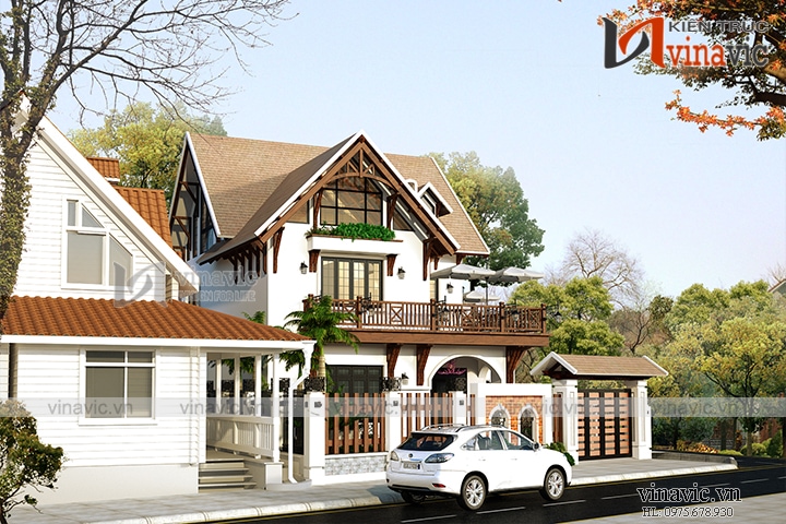 Phối cảnh góc trái mặt tiền chính nhà phố đẹp đơn giản kiểu Hàn