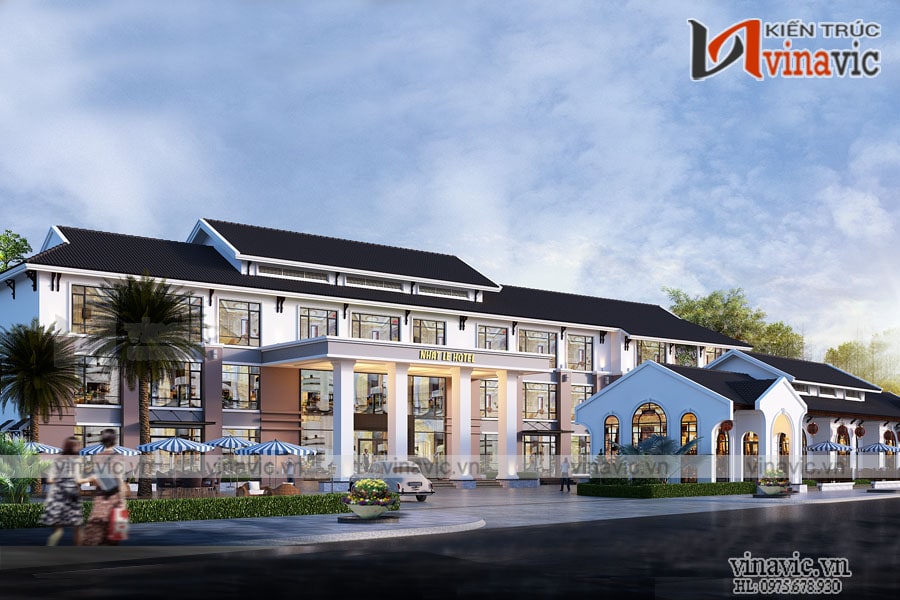 Phối cảnh mặt tiền mẫu khách sạn thiết kế hiện đại 200m2 ở Đồng Hới