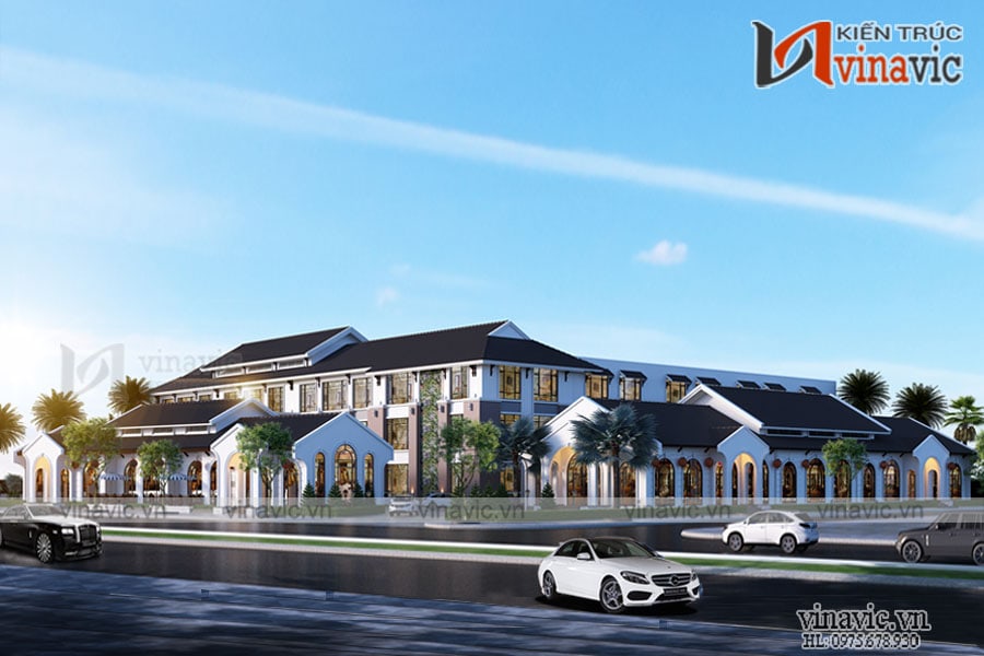 Hình dáng kiến trúc độc đáo phong cách hiện đại của mẫu thiết kế khách sạn đẹp 