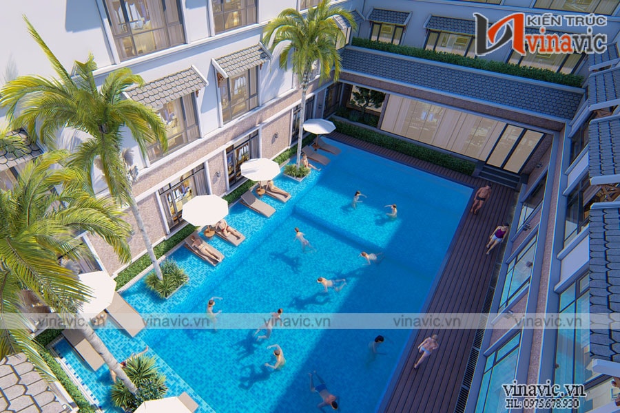 Dàn thực vật bao quanh ngoại thất sân vườn bể bơi thiết kế khách sạn đẹp 