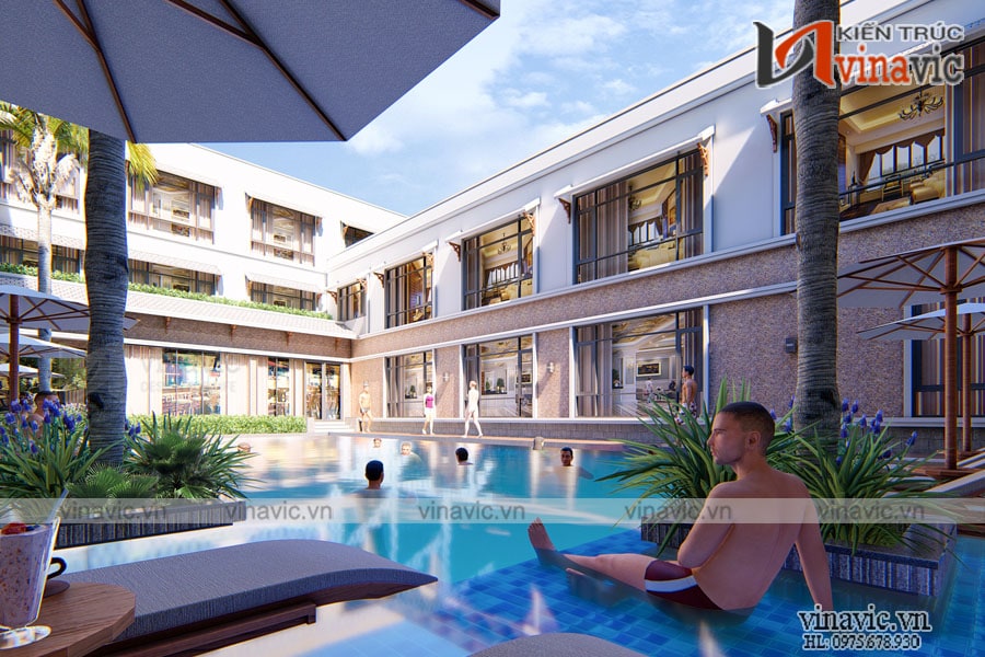 Phối cảnh ngoại thất mặt trong thiết kế khách sạn 200m2 nhìn từ bể bơi