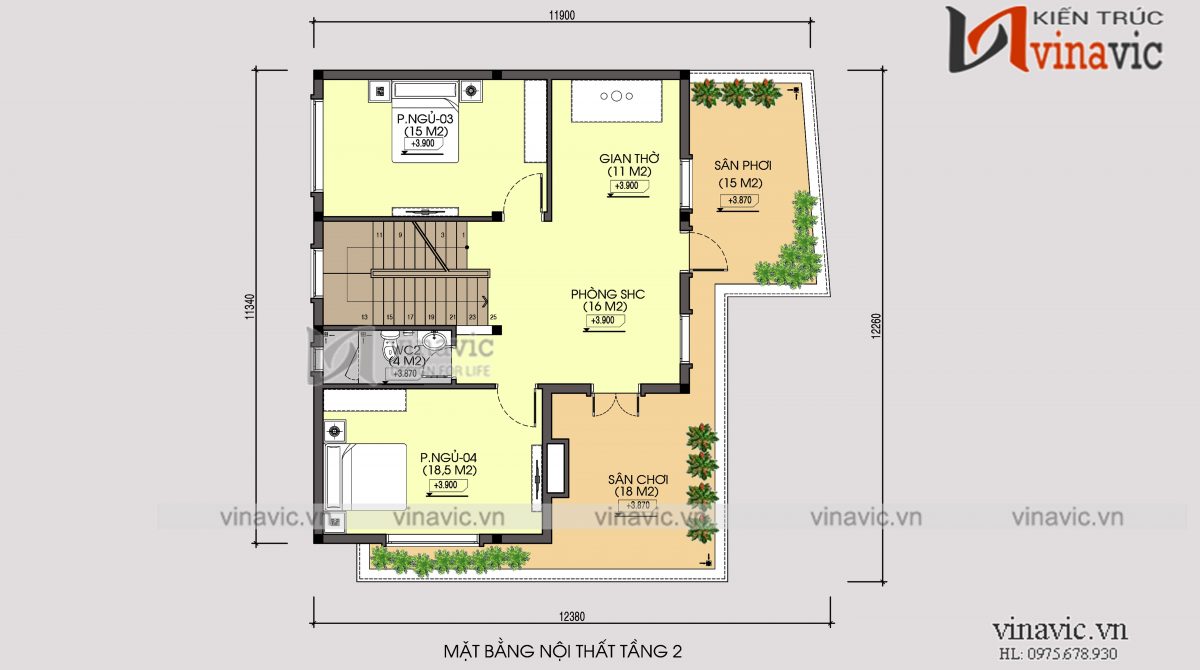 Mặt bằng công năng tầng 2 nhà 2 tầng kiểu Hàn Quốc rộng thoáng 