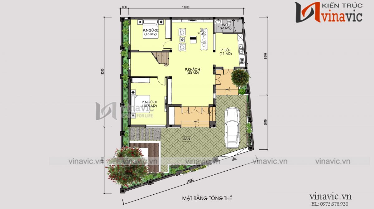 Mặt bằng tổng thể mẫu nhà 2 tầng thiết kế kiểu Hàn Quốc mặt tiền 12m