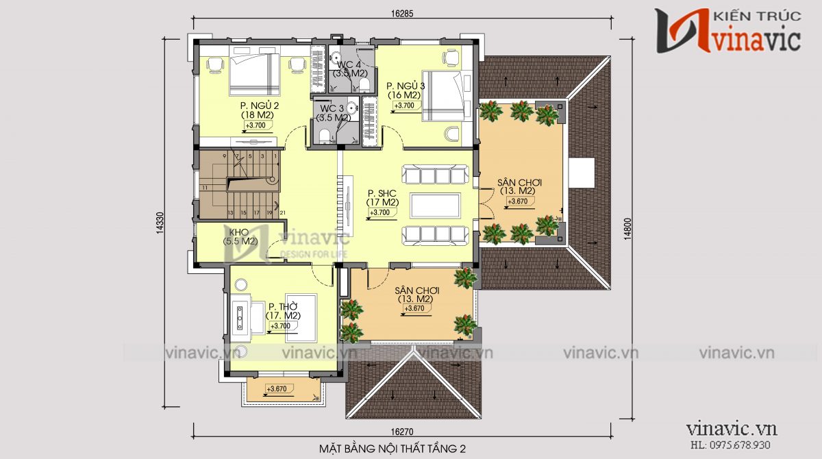 Mặt bằng tầng 2 nhà vuông 300m2 3 phòng ngủ 2 mặt tiền ở Sơn La