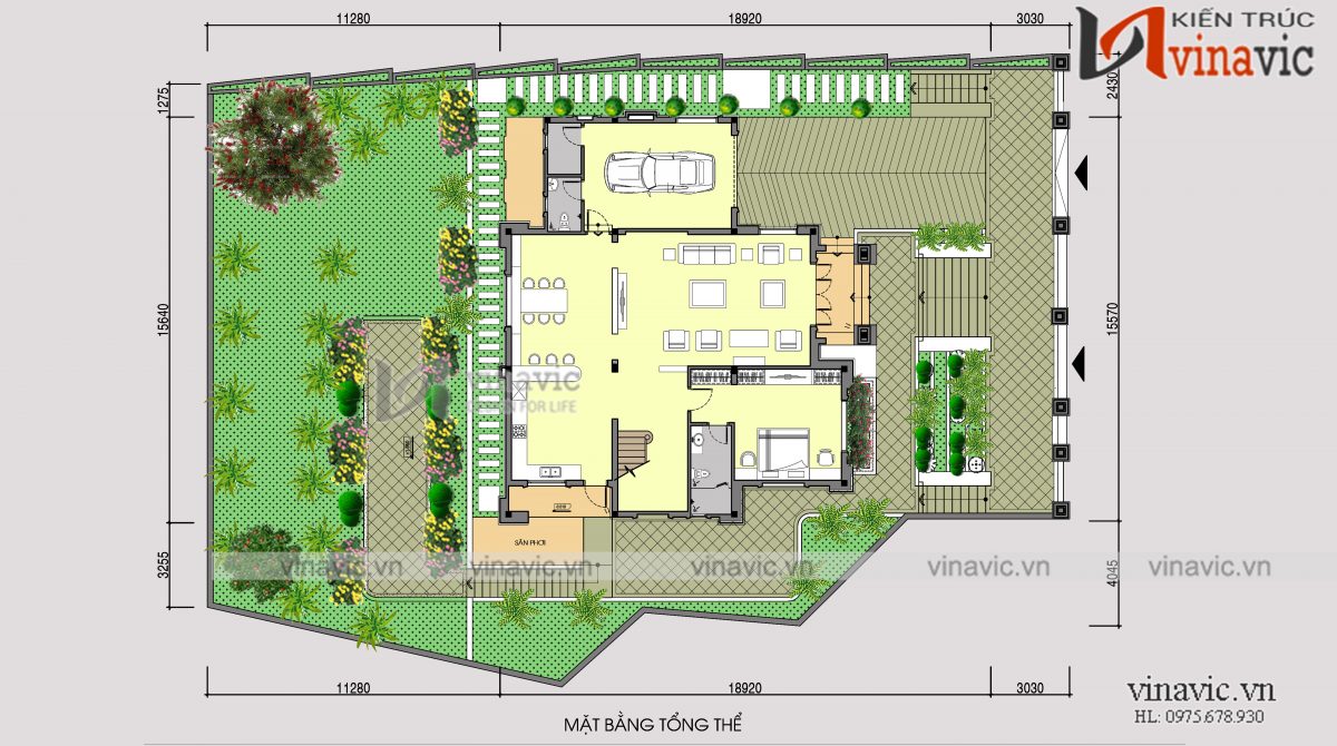 Mặt bằng tổng thể nhà vuông 300m2 3 phòng ngủ 2 mặt tiền ở Sơn La