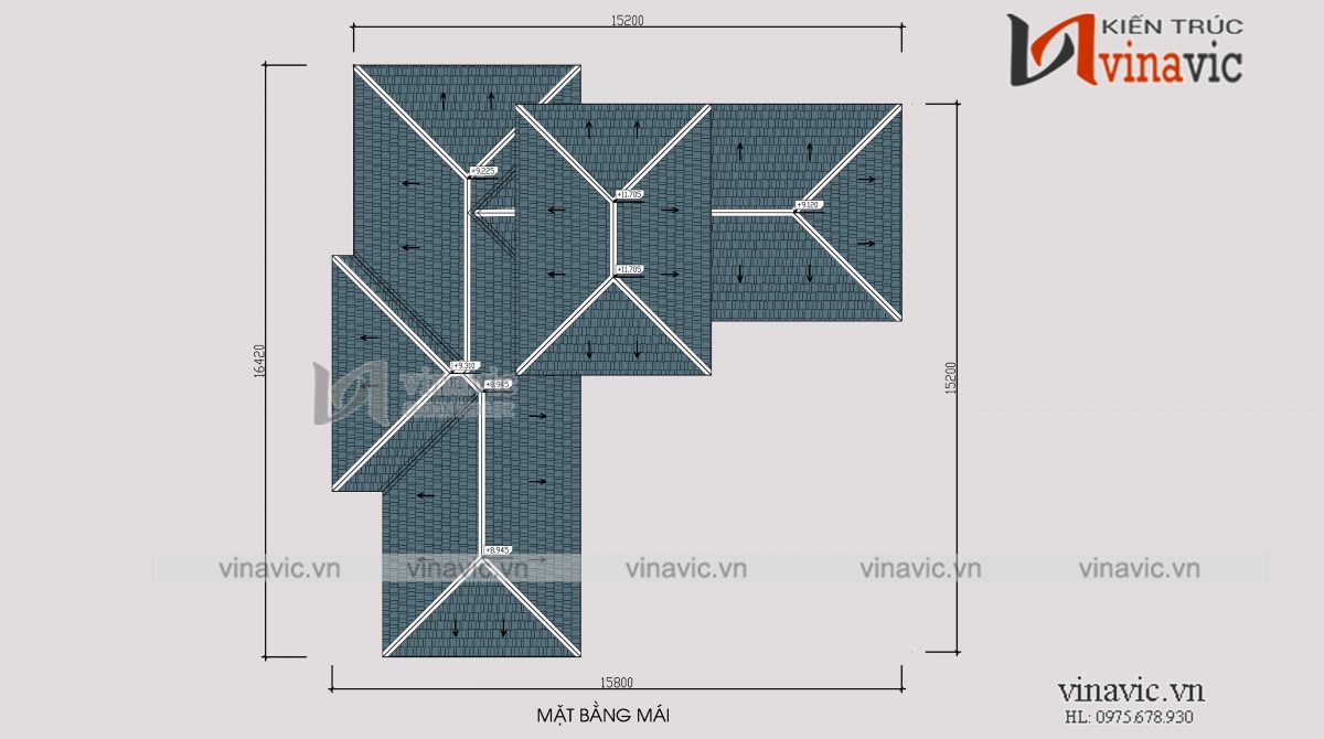 Mặt bằng mái biệt thự 350m2 4 phòng ngủ 2 tầng 1 lửng mức đầu tư 2.5 tỷ ở Phú Thọ
