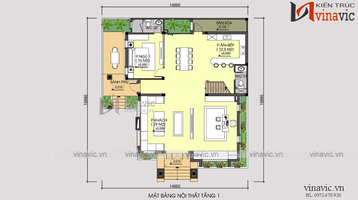 Mặt bằng tầng 1 biệt thự 3 tầng 120m2 mặt tiền 10m 6 phòng ngủ thiết kế tân cổ điển