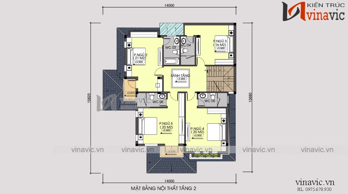 Mặt bằng tầng 2 biệt thự 3 tầng 120m2 mặt tiền 10m 6 phòng ngủ thiết kế tân cổ điển