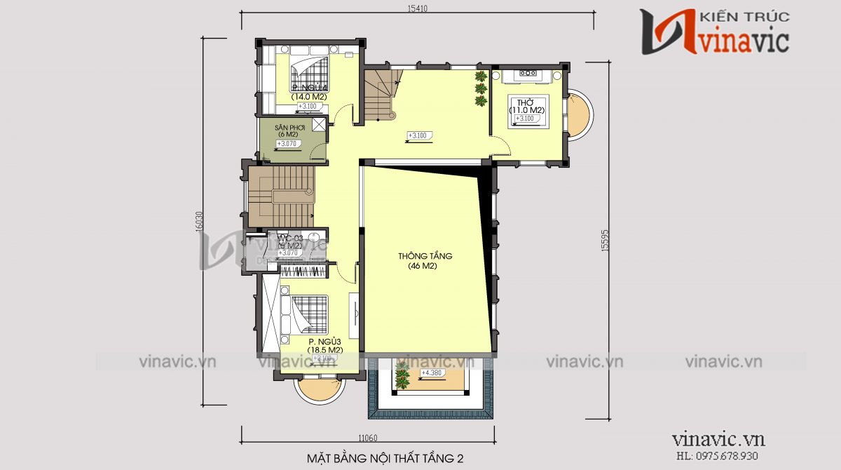 Mặt bằng tầng 2 biệt thự 350m2 4 phòng ngủ 2 tầng 1 lửng mức đầu tư 2.5 tỷ ở Phú Thọ