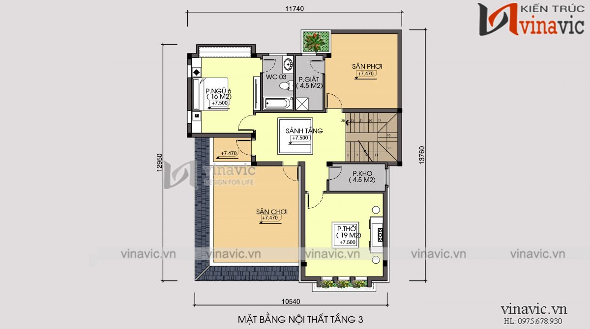 Mặt bằng tầng 3 biệt thự 3 tầng 120m2 mặt tiền 10m 6 phòng ngủ thiết kế tân cổ điển