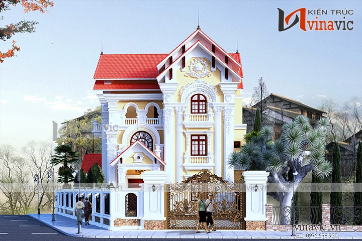 Thiết kế nhà 3 tầng 12x13m 150m2 mái thái 2 mặt tiền cổ điển BT1506