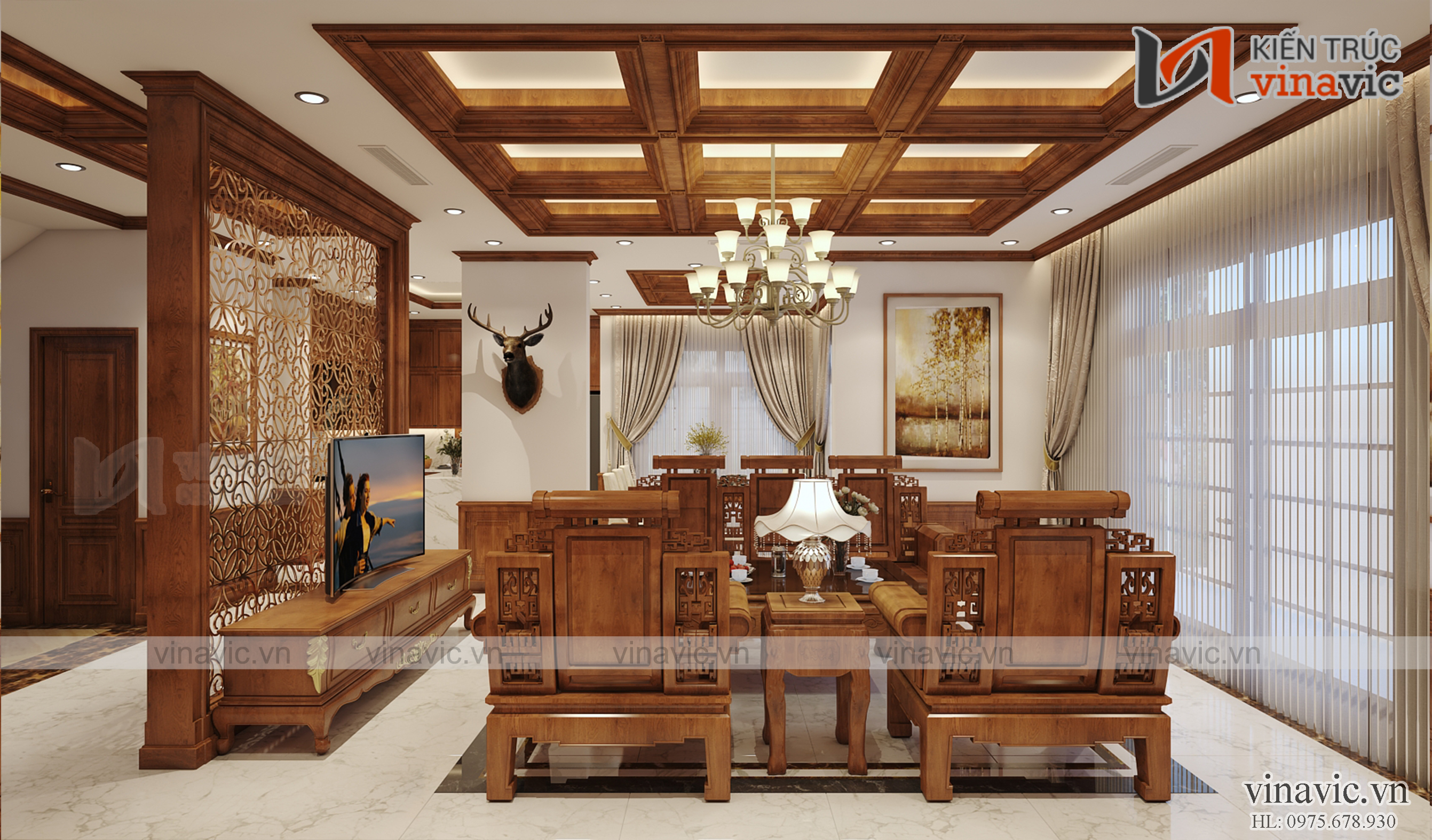 Nội thất phòng khách Siêu phẩm nhà đẹp 2 tầng làm bằng gỗ Conwood kết hợp xi măng giả gỗ tại Lạng Sơn