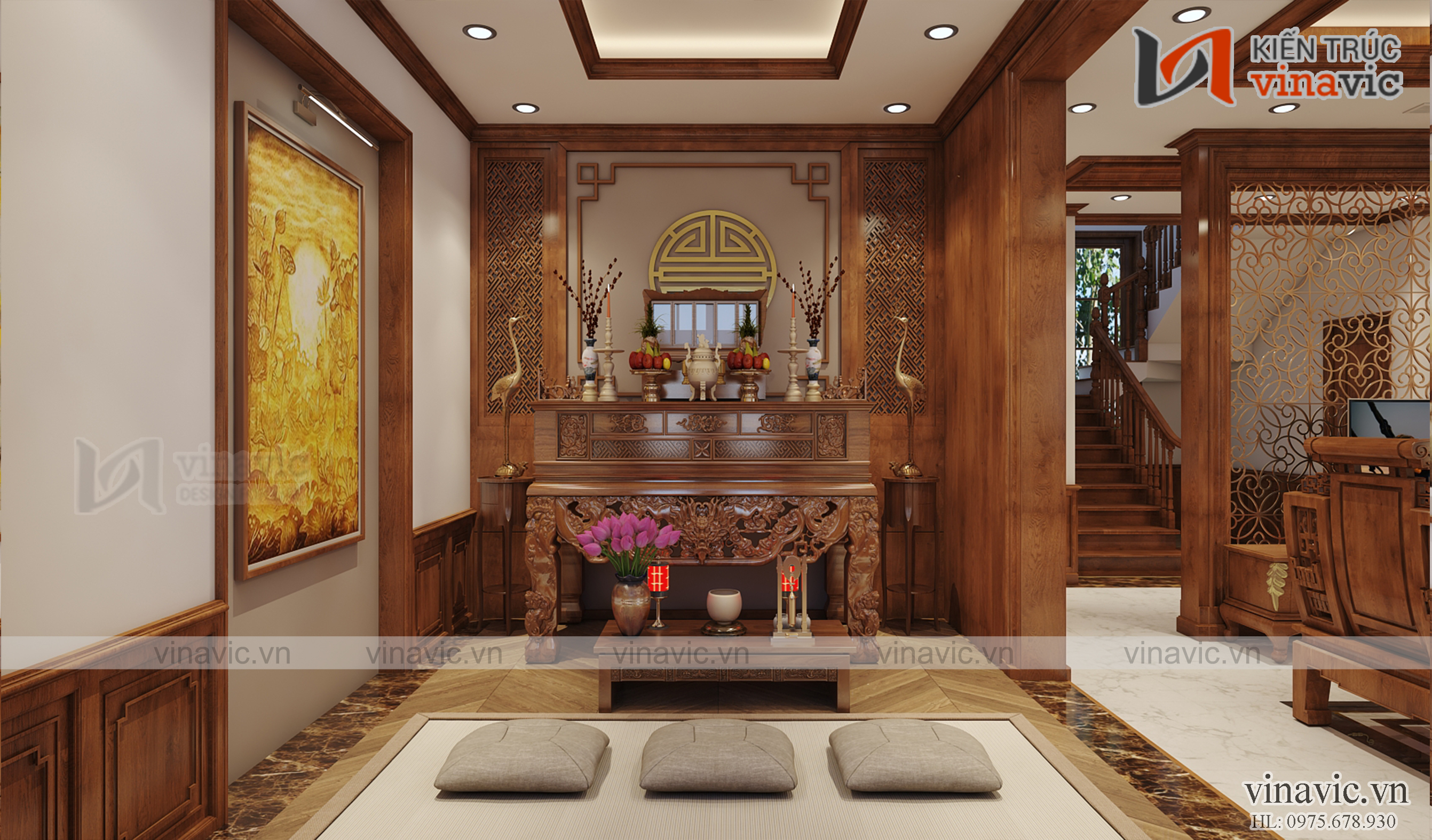 Nội thất phòng thờ Siêu phẩm nhà đẹp 2 tầng làm bằng gỗ Conwood kết hợp xi măng giả gỗ tại Lạng Sơn