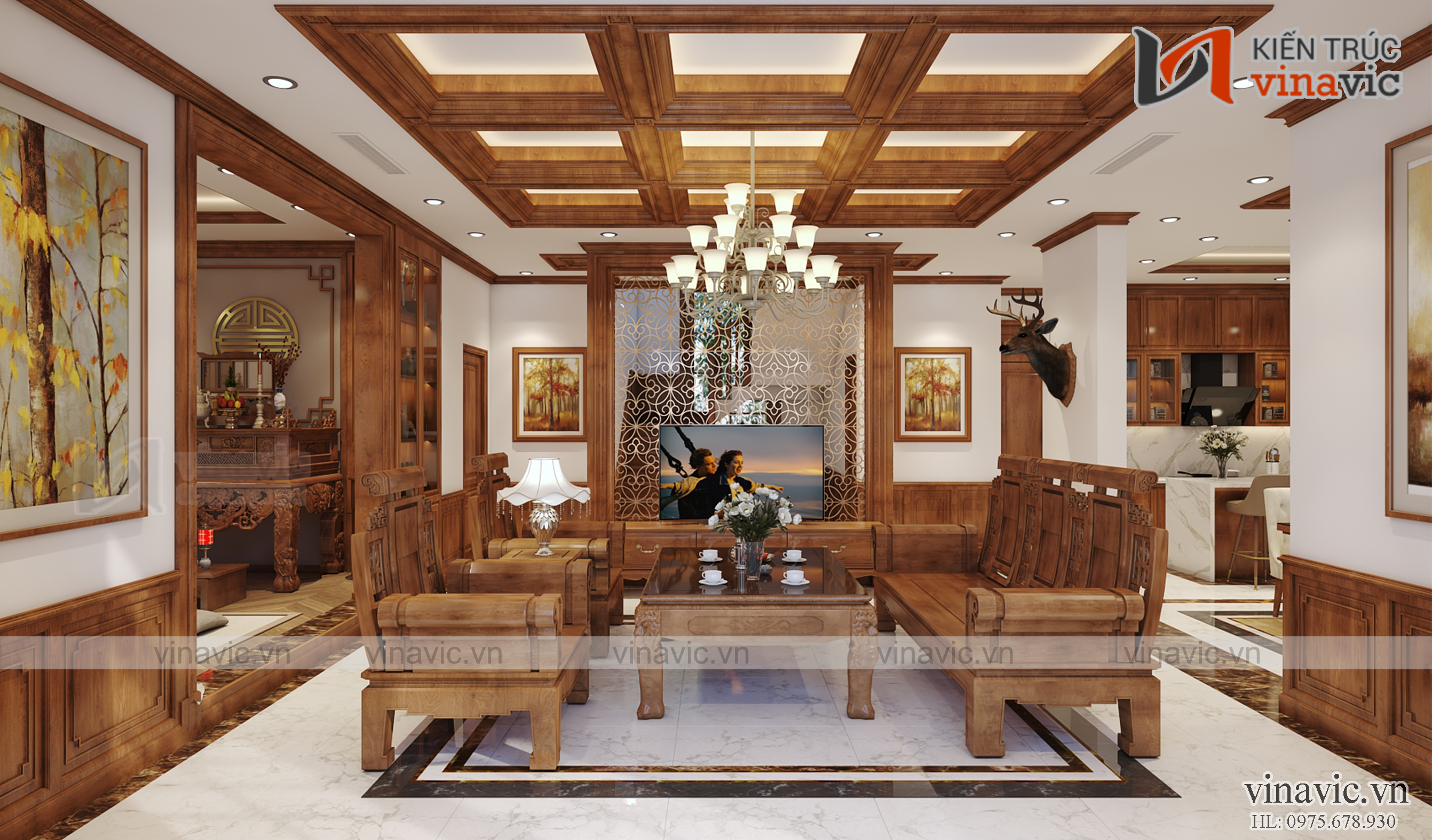 Nội thất phòng khách Siêu phẩm nhà đẹp 2 tầng làm bằng gỗ Conwood kết hợp xi măng giả gỗ tại Lạng Sơn