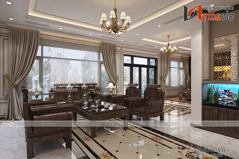 Góc nhìn 2 nội thất phòng khách biệt thự mang tone màu trầm ấm đầy ấn tượng NTBT 1802